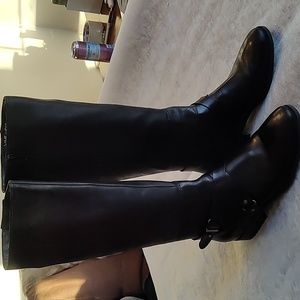 Nine West Black Genuine Leather Knee High Blogger WideCalf Harness Boots Size 10